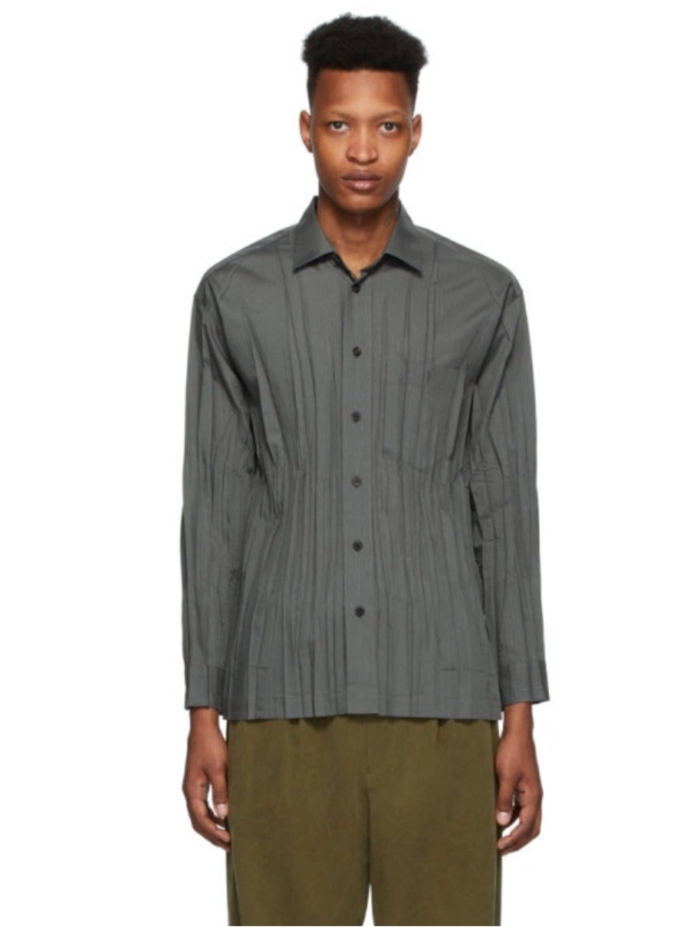 Issey Miyake Men DarkGrey Wrinkle Shirt. Quiet Luxury. Designer. Made in Italy.